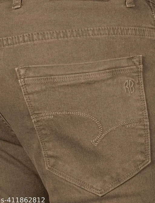 Men's beige denim jeans, comfort fit, solid mid-rise for regular fit and casual look. Size 30 (31waist, 42length, 36hip), India origin