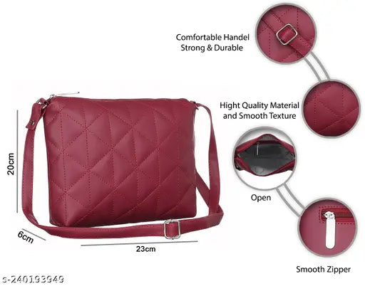 The image shows a fashionable red sling bag with a comfortable handle. It's designed in a sturdy yet trendy style, making it an ideal accessory for women and girls who seek both style and functionality. This high-quality sling bag is available at an affordable price, offering excellent value for money