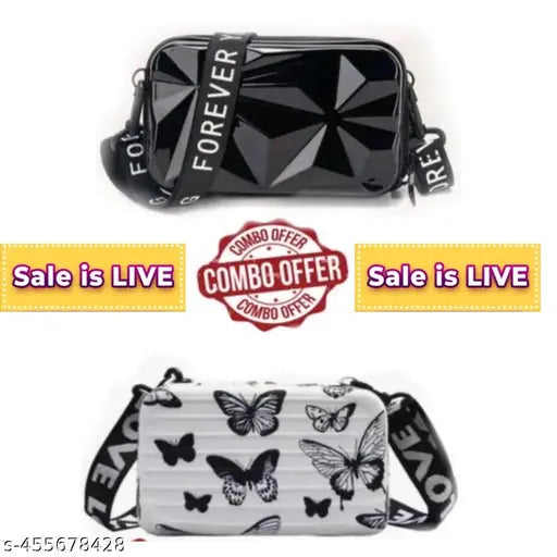 Two stylish black crossbody handbags with butterfly design, suitable for girls and women