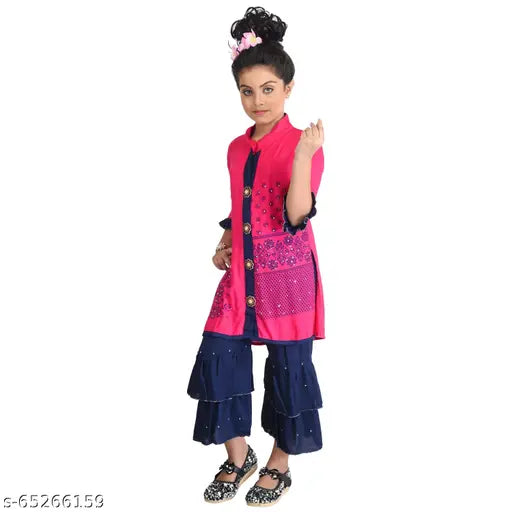 Fariha Fashions girls' rayon printed kurta & plazzo set, A-line top with three-quarter sleeves. Indian-inspired partywear for 4-5 years old