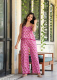 Pink rayon printed night suit, floral pattern for all body types, sleeveless pyjamas on hanger