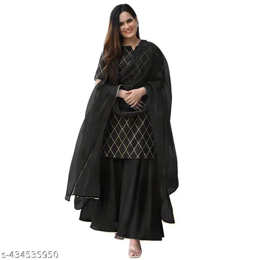 Diwali women's black rayon kurta with gold print and sharara dupatta set