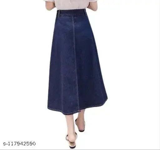 Trendy women's stretchable denim skirt with front pocket, solid color, size 26-44, made in India