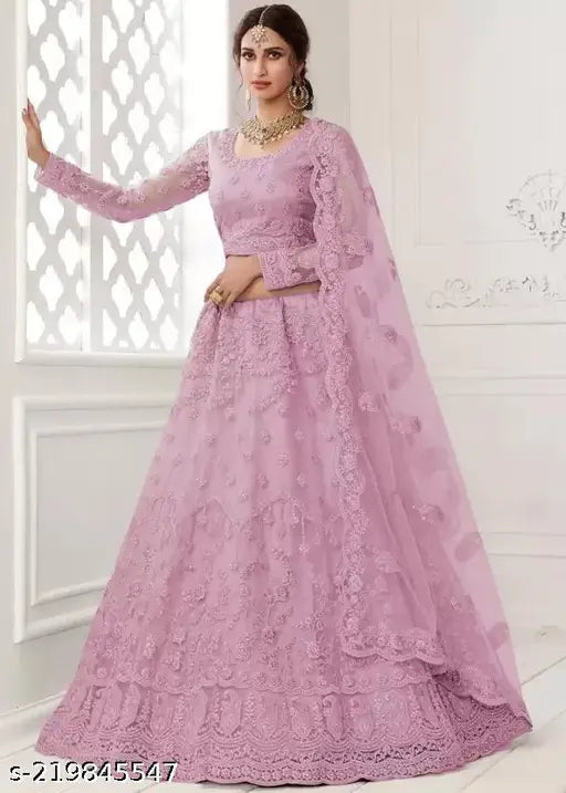 Red embroidered net lehenga-choli set, Indian bridal wear featuring semi-stitched style with matching blouse & dupatta