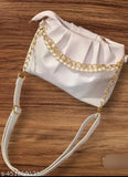 White fabric party handbag with pearls