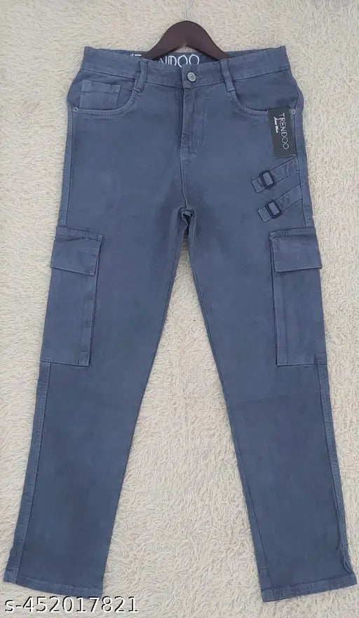 Premium denim loose fit cargo jeans for men with multiple pockets, solid color. (Size: 32-36, Waist: 32in-42in, Hip: 38in-40in, Length: 39in)