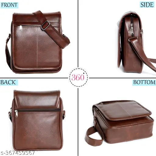 This is a crossbody bag with a brown synthetic leather exterior, and it appears to have multiple pockets, possibly including an internal pocket, and a strap