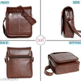 This is a crossbody bag with a brown synthetic leather exterior, and it appears to have multiple pockets, possibly including an internal pocket, and a strap