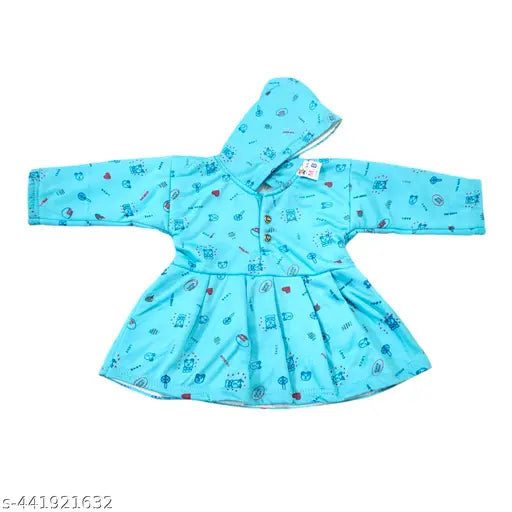 Soft wool floral winter dress with hood for baby girl, print pattern on long sleeves