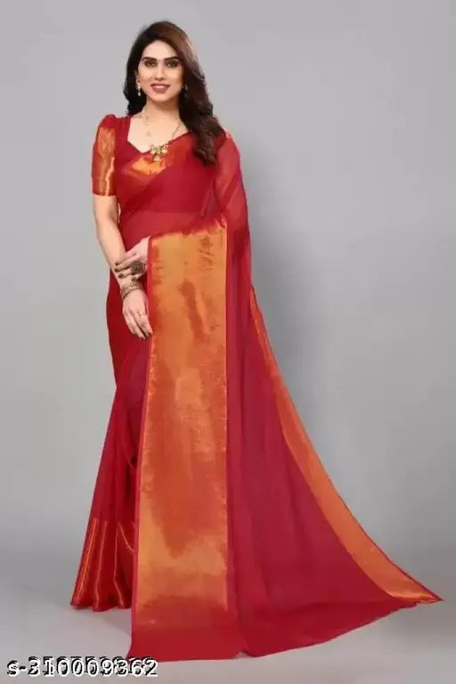 Chiffon Zari saree under 299, free size, solid-patterned Indian saree with running blouse