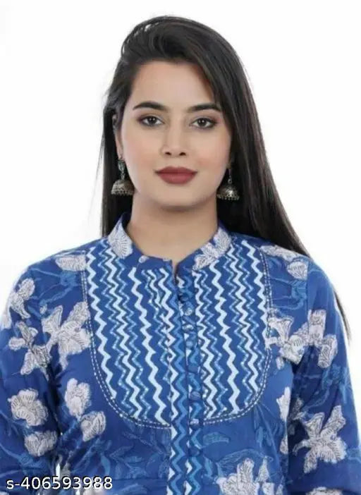 Rayon indigo printed kurti plazo set for girls and women, three-quarter sleeves on display