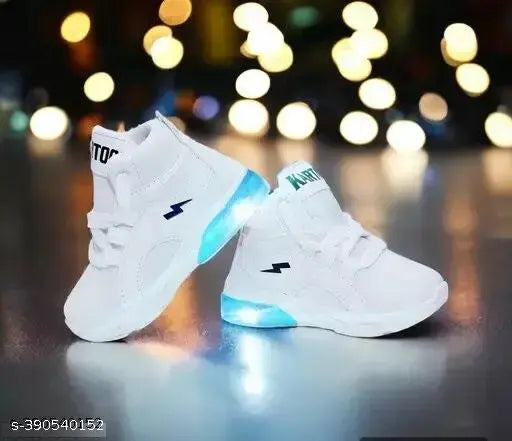 White kids shoes with blue lights and black trim