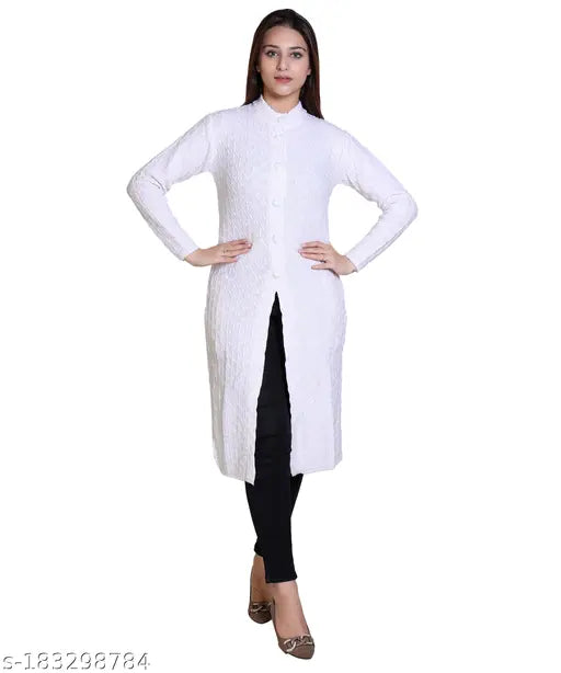 Embroidered net acrylic-wool cardigan with side pockets, warm and stylish winter wear for women