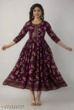 Wine rayon Anarkali kurta set with tassels, hand block print, traditional Indian attire, flared silhouette, S-3XL sizes