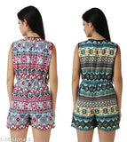 Red-pink printed net crepe women's short jumpsuit, elastic waist, suitable for multiple occasions, India origin
