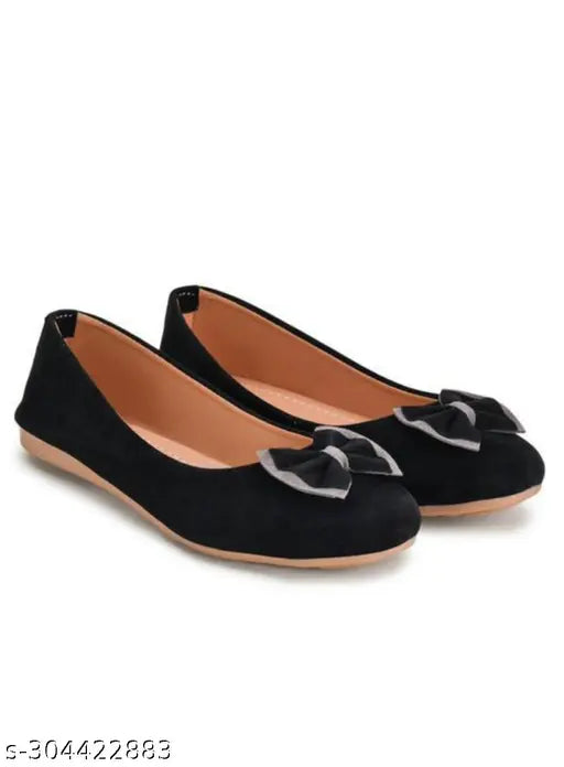 Stylish black synthetic leather bellies (Ballerinas) for women, slip-on design in sizes IND-3 to IND-9. Made in India