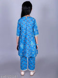 Blue cotton floral print anarkali flared kurta & pant set for girls, India origin