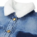 Solid blue denim jacket, women's style with soft faux fur lining and washed pocket effect
