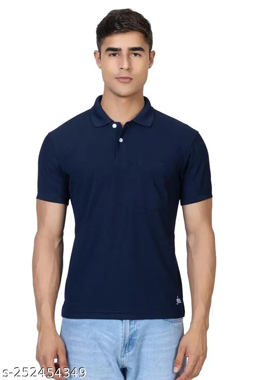 Navy blue cotton blend solid polo t-shirts for men, perfect for casual wear and various activities. Soft, comfortable fabric from India
