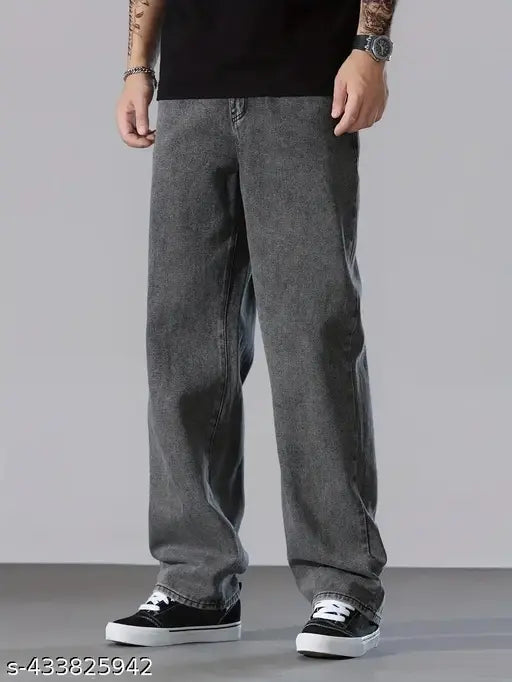 Grey men's baggy straight leg denim pants