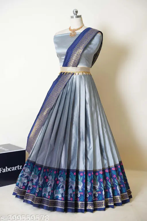 South Indian Style Half Saree set in litchi silk zari work, semi-stitched with matching choli and dupatta, solid prints