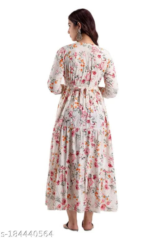 Rayon Anarkali Maternity Kurti with Zipper & Belt - Printed, three-quarter sleeves, India-origin