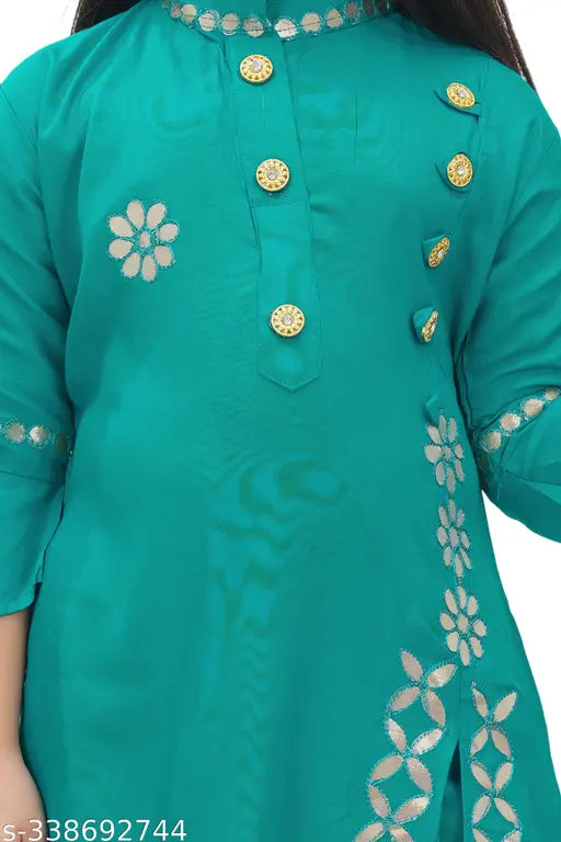 Pink Rayon Kurta and sharara Set (Pack 1) by LINKKART FASHION. Embellished A-line top with three-quarter sleeves, paired with sharara bottom. Soft cotton fabric for kids' comfort