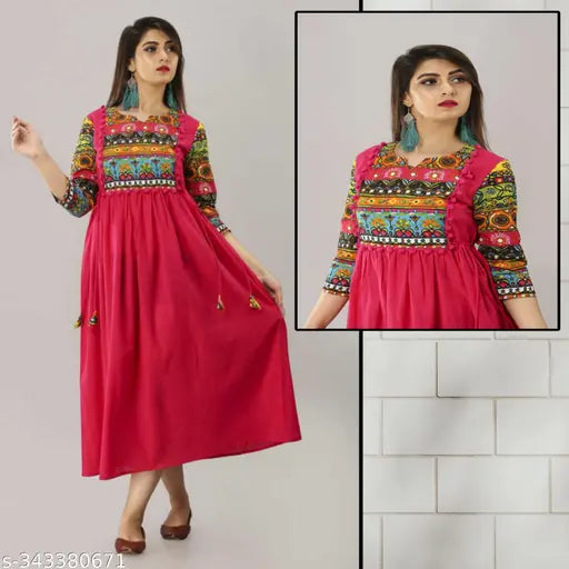 Trendy rayon A line printed kurti, embroidered three-quarter sleeve, women's solid anarkali from India