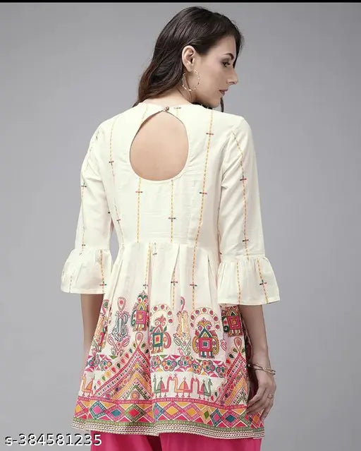 Cotton floral short kurta for jeans, three-quarter sleeves, Jaipuri print by Sita Fashion Hub