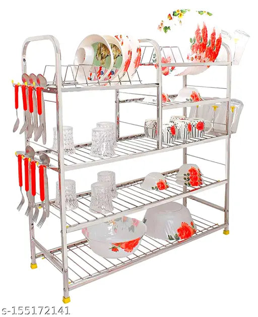 Stainless steel 5-tier wall mount kitchen utensils rack. Includes plate and cutlery stand for modular kitchen storage. Kitchen organizer with upper plate measuring 30 L x 30 H inches