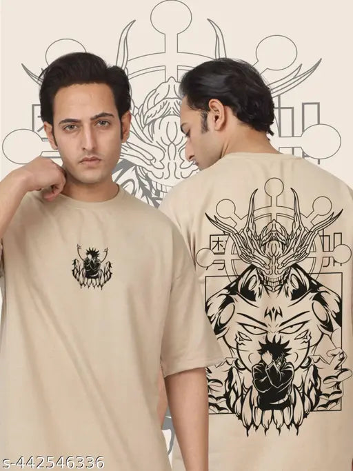 Beige cotton oversized anime print T-Shirt for men, perfect for casual everyday wear