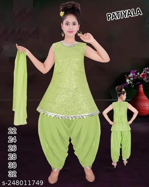 Green printed designer embroidery Kurta patiala salwar suit and dupatta for girls by Hariyal Creation, Indian ethnic kids wear in silk blend fabric