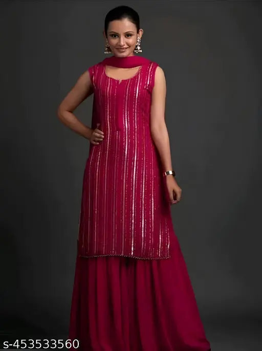 Red embellished kameez with long sleeves