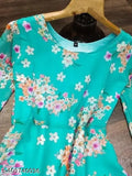 Heavy weight maxi dress with floral print in aqua blue color, long sleeves, v-neck design