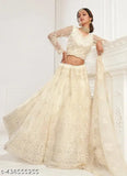 Peach-embroidered Alisha Petite women's net lehenga, choli, and dupatta set - Indian fashion for special occasions