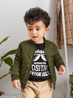 Green polyester boys bomber jacket with classic design, long sleeves, and trendy color for casual wear or outdoor activities. May include side pockets and soft lining. Size: 18-24 Months to 8-9 Years (India)