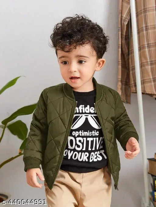 Green polyester boys bomber jacket with classic design, long sleeves, and trendy color for casual wear or outdoor activities. May include side pockets and soft lining. Size: 18-24 Months to 8-9 Years (India)