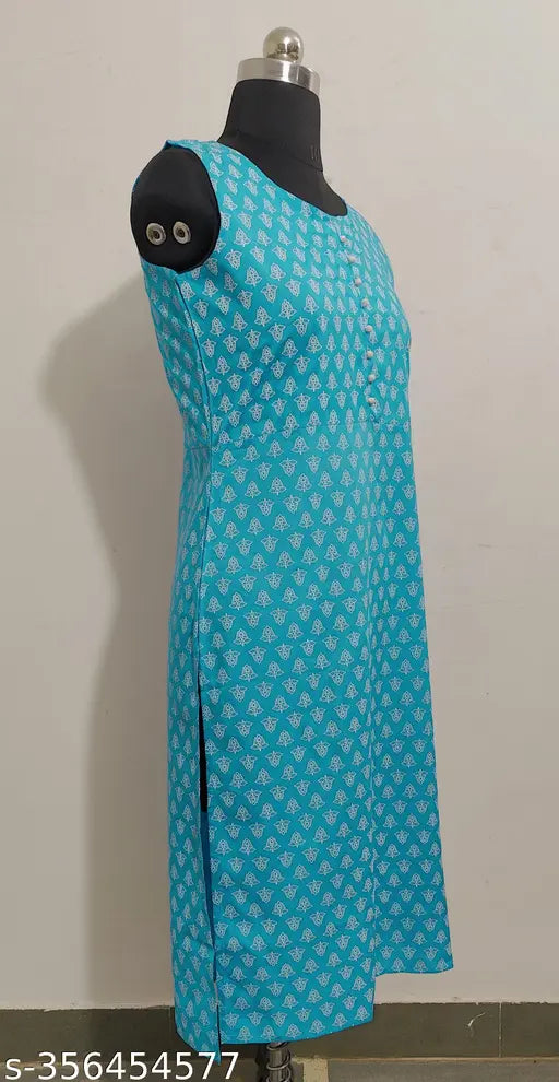 Blue rayon printed sleeveless kurta by Vikanshi, Indian fashion for women and girls