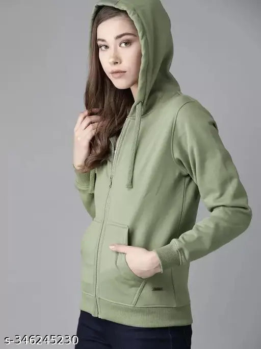 Fleece women's solid hoodie, long-sleeved, zip closure, Made in India