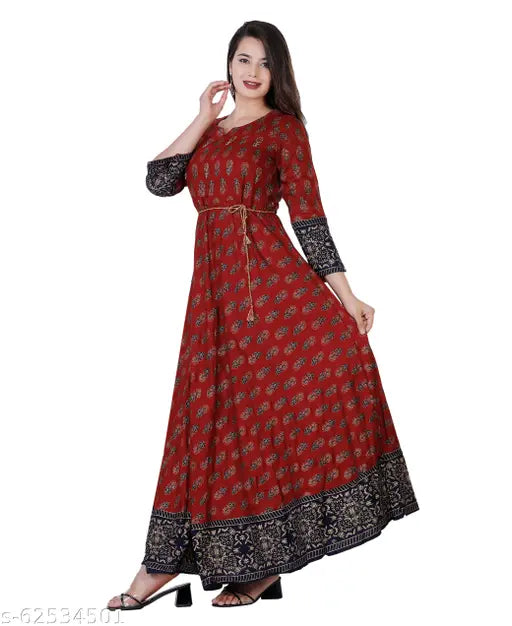 Rayon gold printed anarkali kurta with mirror work, three-quarter sleeves, from the Jaipuri Collection, India