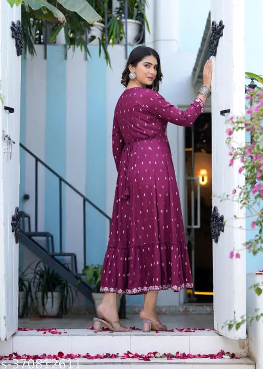 Purple long ankle length anarkali kurta with ruffled hems, traditional ethnic women's outfit
