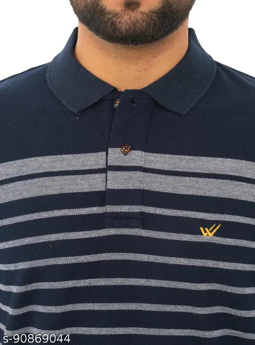 Cotton blend striped polo T-shirt, premium pique material with embroidered logo, men's size M - XXL