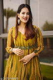 Printed yellow Georgette kurti with three-quarter sleeves, ideal for wedding or partywear. Women's printed Anarkali kurti from CM Cotton Store, made in India