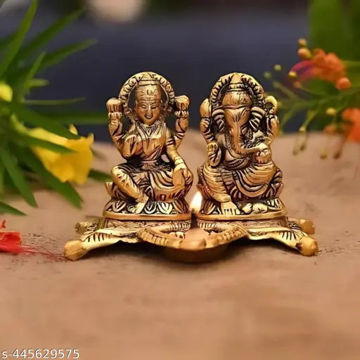 Golden brass Laxmi Ganesh Diya set (4 inch), intricately designed for rituals, Indian cultural artistry