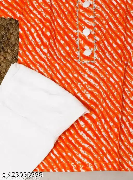 Pure cotton Leheriya partywear kurti & pant set for baby girl, A-line top with three-quarter sleeves, 12-19 months size