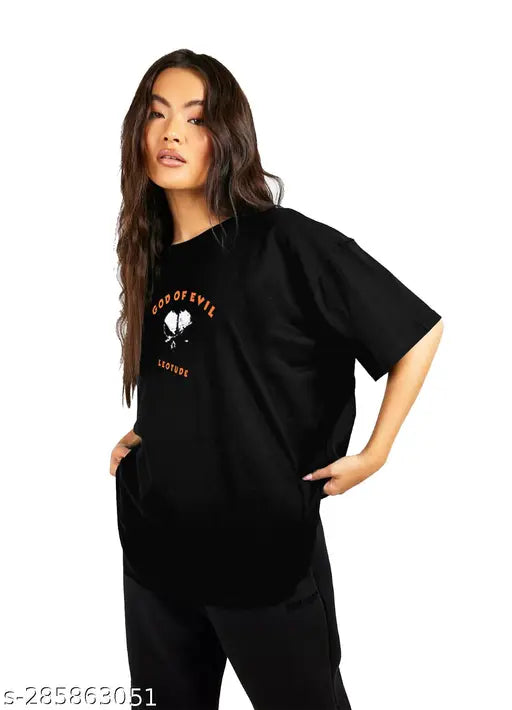 Black cotton oversized half sleeve T-shirt, women's plus size also available
