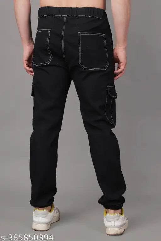 Black cotton blend men's jogger jeans by Zaysh, featuring branded 06 pocket design and solid black pattern. Ideal for casual wear