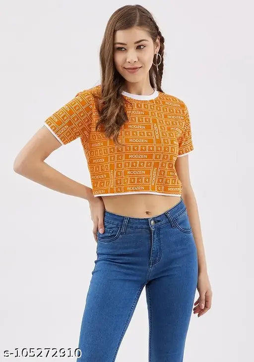 Mustard print cotton crop tee, Rodzen women's typography style (S-XL), India