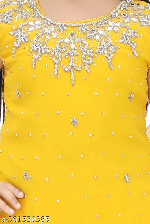 Yellow embellished Georgette kurta patiala with dupatta for girls aged 8-10 years, handcrafted with stone and mirror work