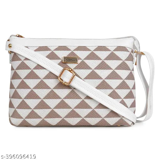 A carrylux sling crossbody bag with a geometric pattern embossed in shades of brown and white, for girls or women